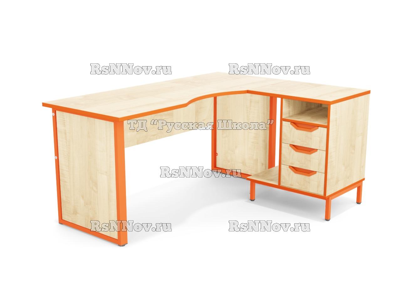 Стол угловой ЛОФТ в комплекте с приставной тумбой с интегрированной подставкой для системного блока, с боковым экраном из ЛДСП (мк. Оранжевый, ст. Клён), ручки «Соты»