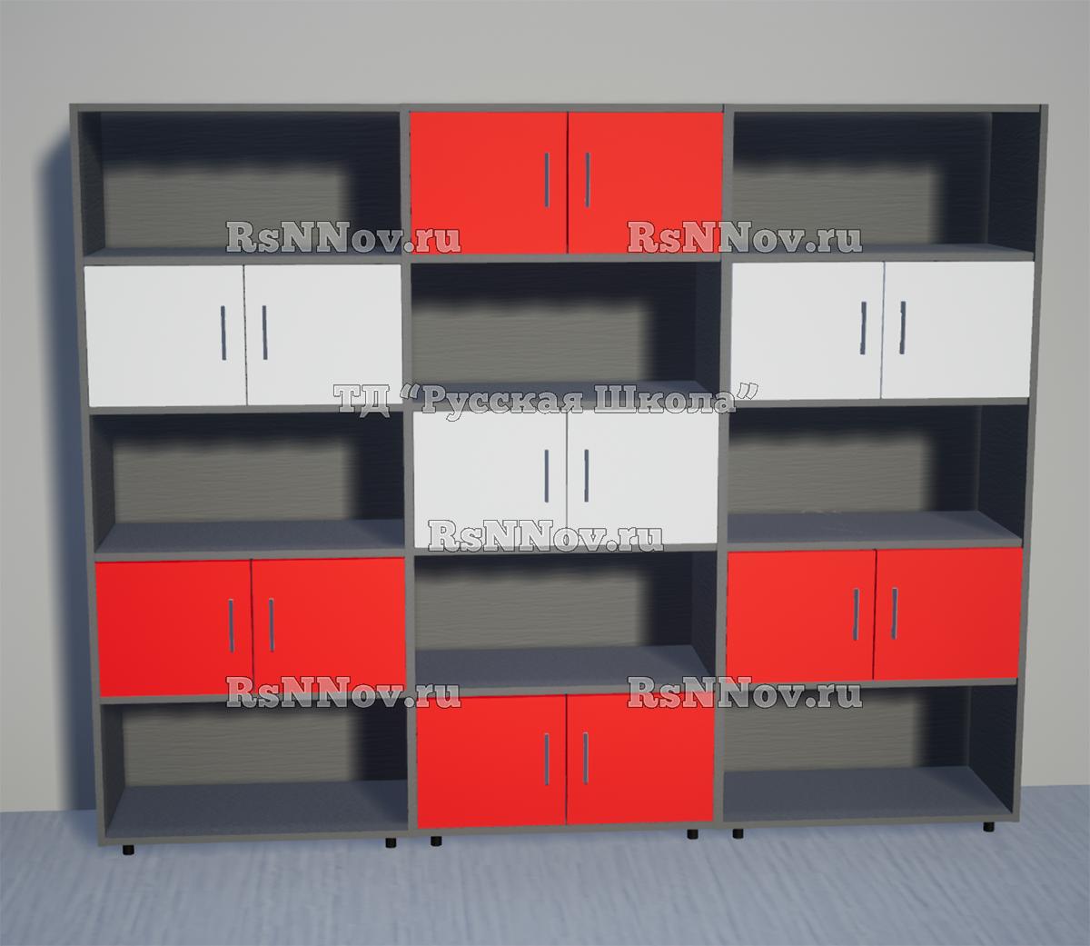 Шкаф КВАНТ М7Б многосекционный полуоткрытый «Точка роста» (ЛДСП 16 мм, к. Серый, ф. Белый/Красный)