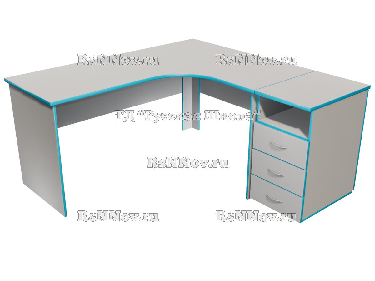 Стол учительский угловой с тумбой 3 ящика «Точка роста» (ст. Серая, кор. Серый, кр. Бирюза)