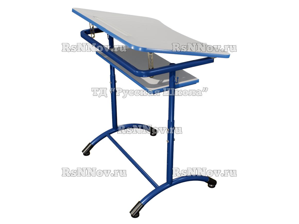 Стол ученический ДЖЕТ 1-мест регулируемый по высоте и углу наклона столешницы 0-15 градусов, с полкой «Точка роста» (гр. 4-6, ст. Серая, кр. Синяяя, мк. Синий)