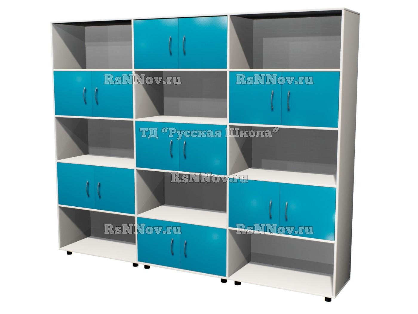 Шкаф КВАНТ М7 многосекционный полуоткрытый «Точка роста» (ЛДСП 16 мм, к. Белый, ф. Бирюза)