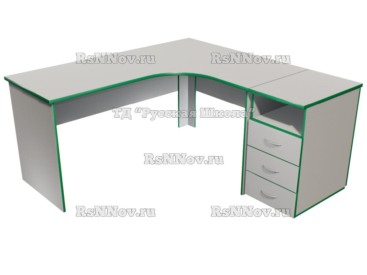 Стол учительский угловой с тумбой 3 ящика «Точка роста» (ст. Серая, кор.Серый, кр. Зеленая)