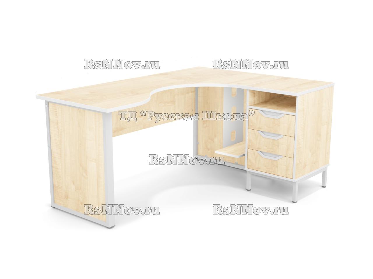 Стол угловой ЛОФТ с подвесом для системного блока на мк., в комплекте с приставной тумбой, с 2 боковыми экранами из ЛДСП (мк. Белый, ст. Клён)