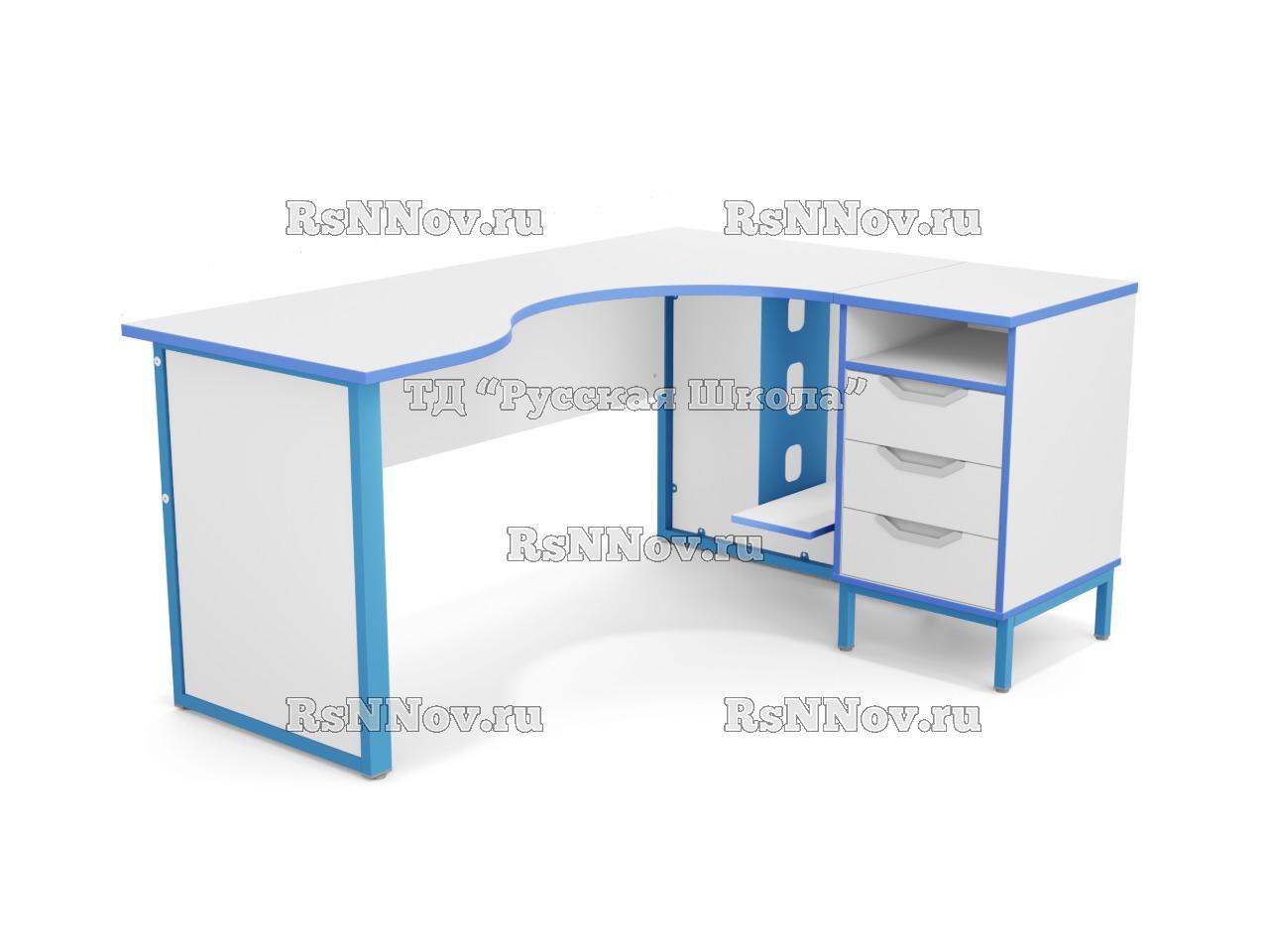 Стол угловой ЛОФТ с подвесом для системного блока на мк., в комплекте с приставной тумбой, с 2 боковыми экранами из ЛДСП (мк. Голубой, ст. Серый)