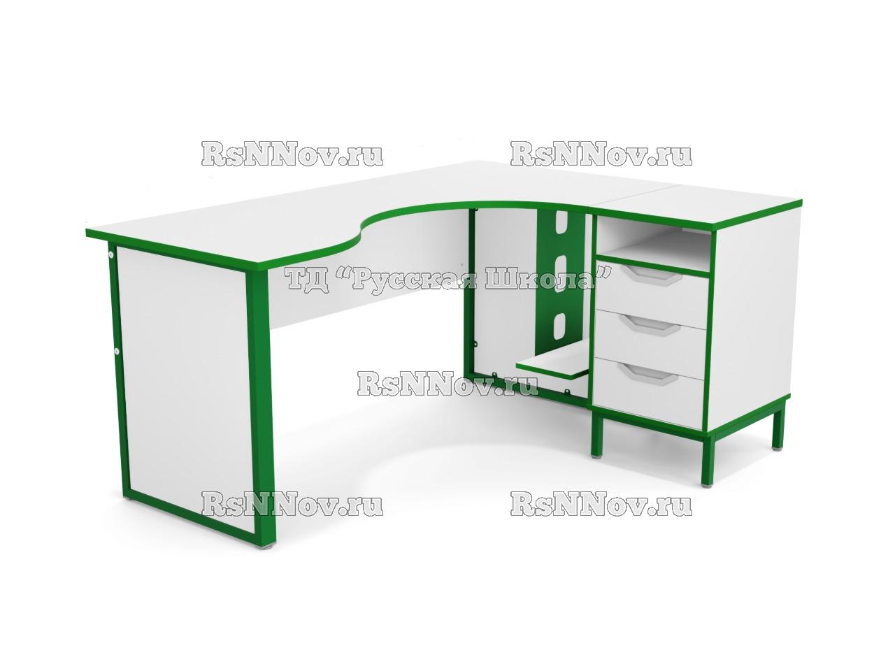 Стол угловой ЛОФТ с подвесом для системного блока на мк., в комплекте с приставной тумбой, с 2 боковыми экранами из ЛДСП (мк. Зелёный, ст. Серый)