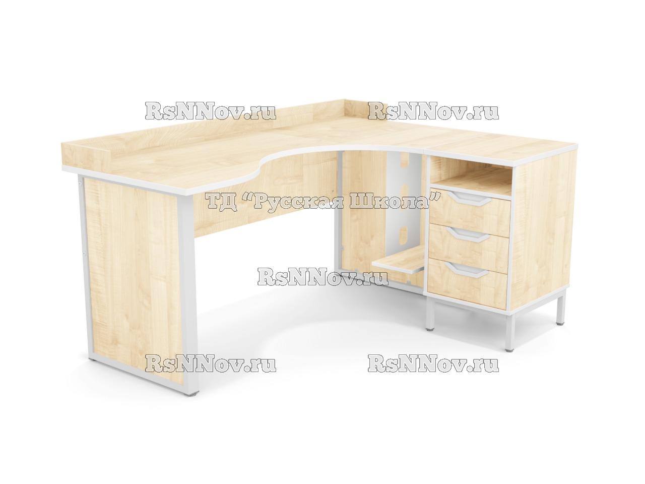 Стол угловой ЛОФТ с бортом с подвесом для системного блока на мк., в комплекте с приставной тумбой, с 2 боковыми экранами из ЛДСП (мк. Светло-серый, ст. Клён)