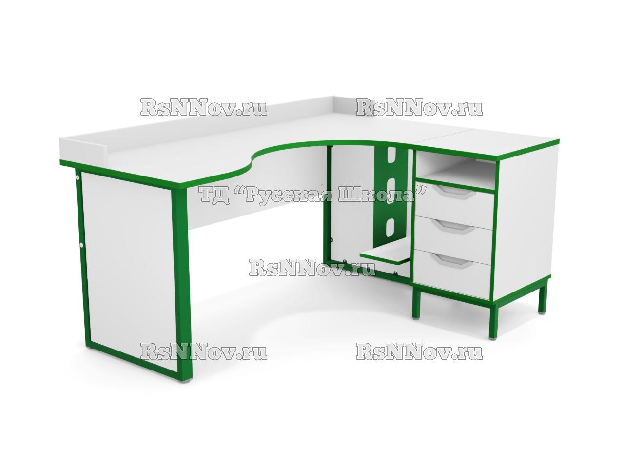 Стол угловой ЛОФТ с бортом с подвесом для системного блока на мк., в комплекте с приставной тумбой, с 2 боковыми экранами из ЛДСП (мк. Зелёный, ст. Серая)