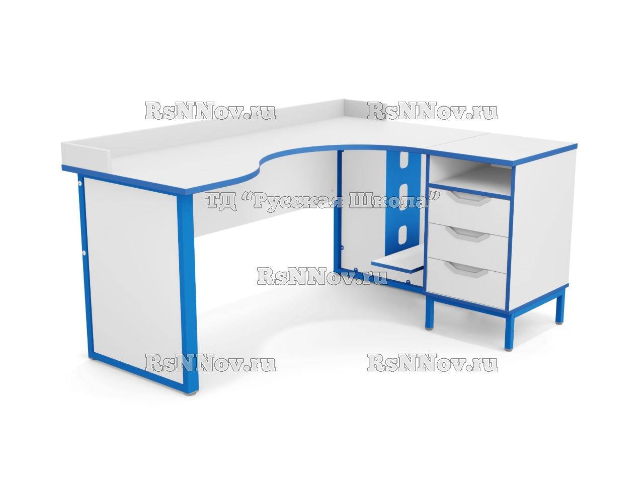 Стол угловой ЛОФТ с бортом с подвесом для системного блока на мк., в комплекте с приставной тумбой, с 2 боковыми экранами из ЛДСП (мк. Синий, ст. Серая)