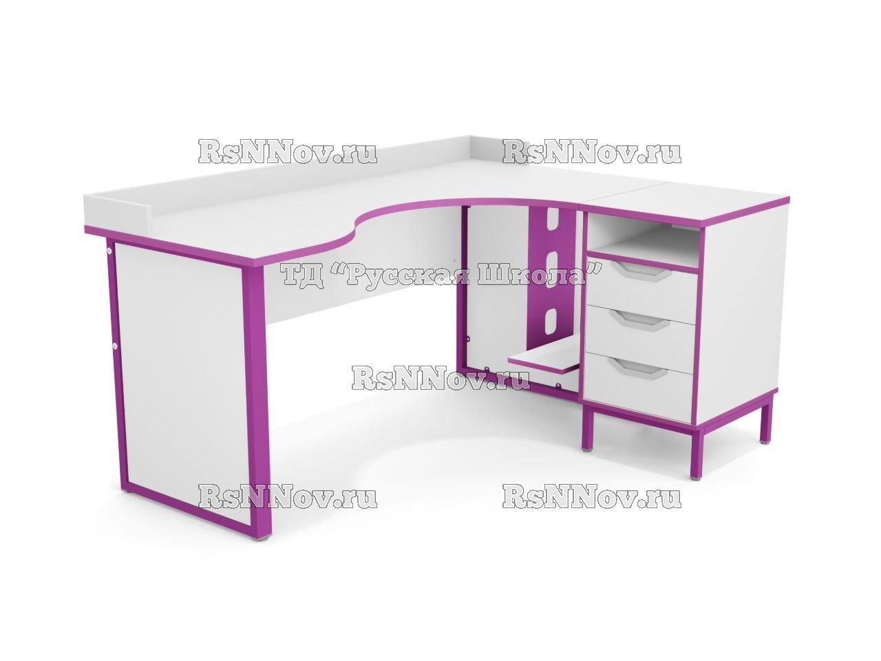 Стол угловой ЛОФТ с бортом с подвесом для системного блока на мк., в комплекте с приставной тумбой, с 2 боковыми экранами из ЛДСП (мк. Фиолетовый, ст. Серая)