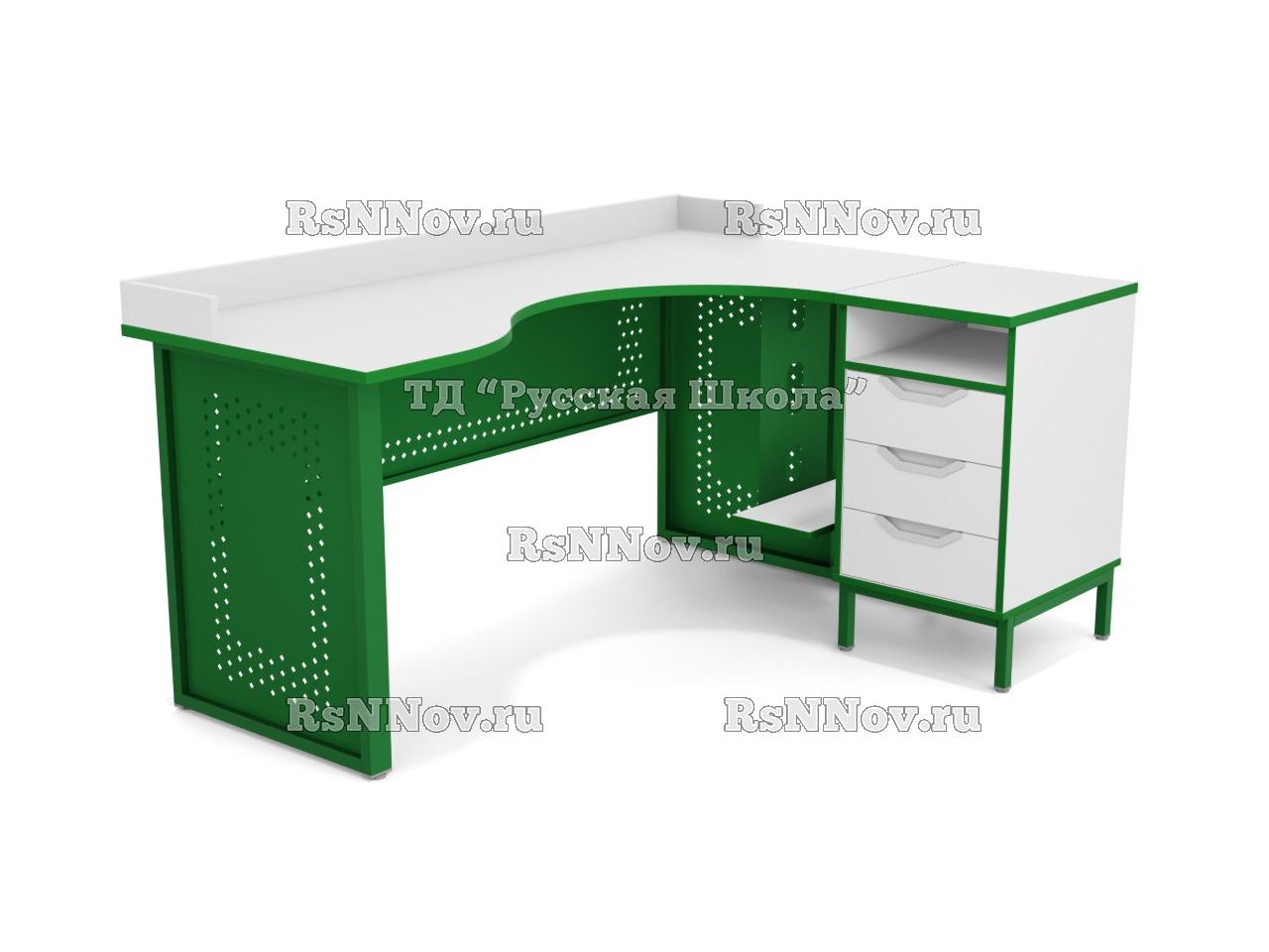 Стол угловой ЛОФТ с бортом, с подвесом для системного блока и приставной тумбой, с перфорацией, с 2 боковыми экранами (мк. Зелёный, ст. Серая)