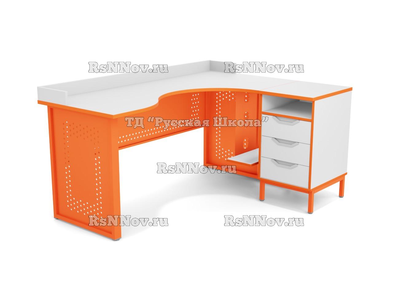 Стол угловой ЛОФТ с бортом, с подвесом для системного блока и приставной тумбой, с перфорацией, с 2 боковыми экранами (мк. Оранжевый, ст. Серая)