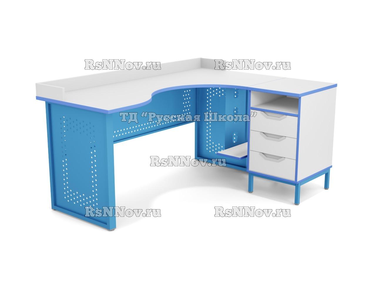 Стол угловой ЛОФТ с бортом, с подвесом для системного блока и приставной тумбой, с перфорацией, с 2 боковыми экранами (мк. Голубой, ст. Серая)