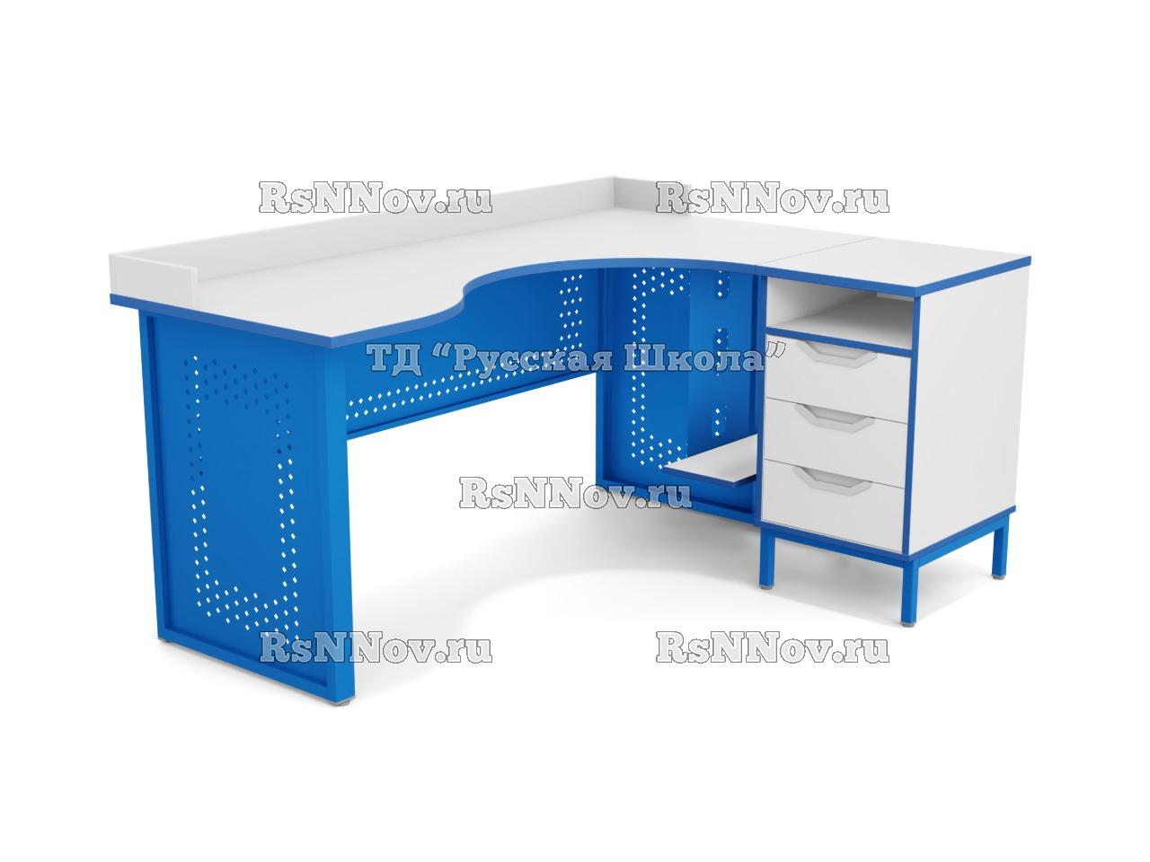 Стол угловой ЛОФТ с бортом, с подвесом для системного блока и приставной тумбой, с перфорацией, с 2 боковыми экранами (мк. Синий, ст. Серая)