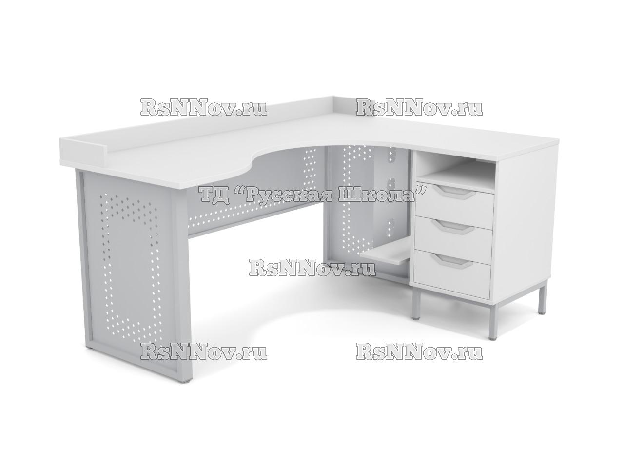 Стол угловой ЛОФТ с бортом, с подвесом для системного блока и приставной тумбой, с перфорацией, с 2 боковыми экранами (мк. Серый, ст. Серая)