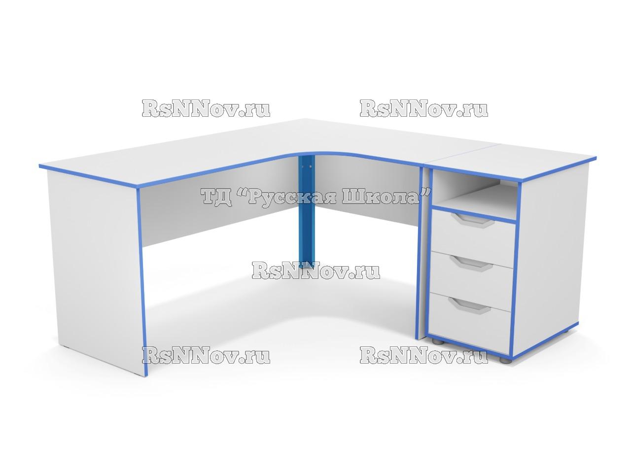 Стол угловой ЛОФТ с приставной тумбой 3 ящика (ст. Серая, кр. Голубая), ручки «Соты»