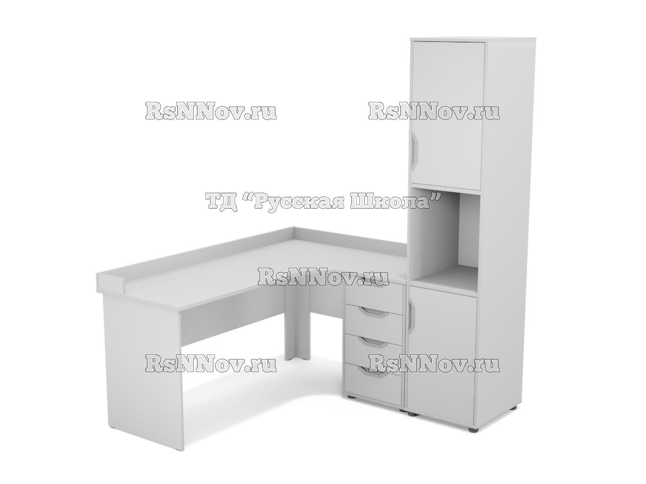 Стол угловой с встроенной тумбой 4 ящика с бортом + Шкаф узкий полуоткрытый с нишей (ст. Серая, кр. Серая)