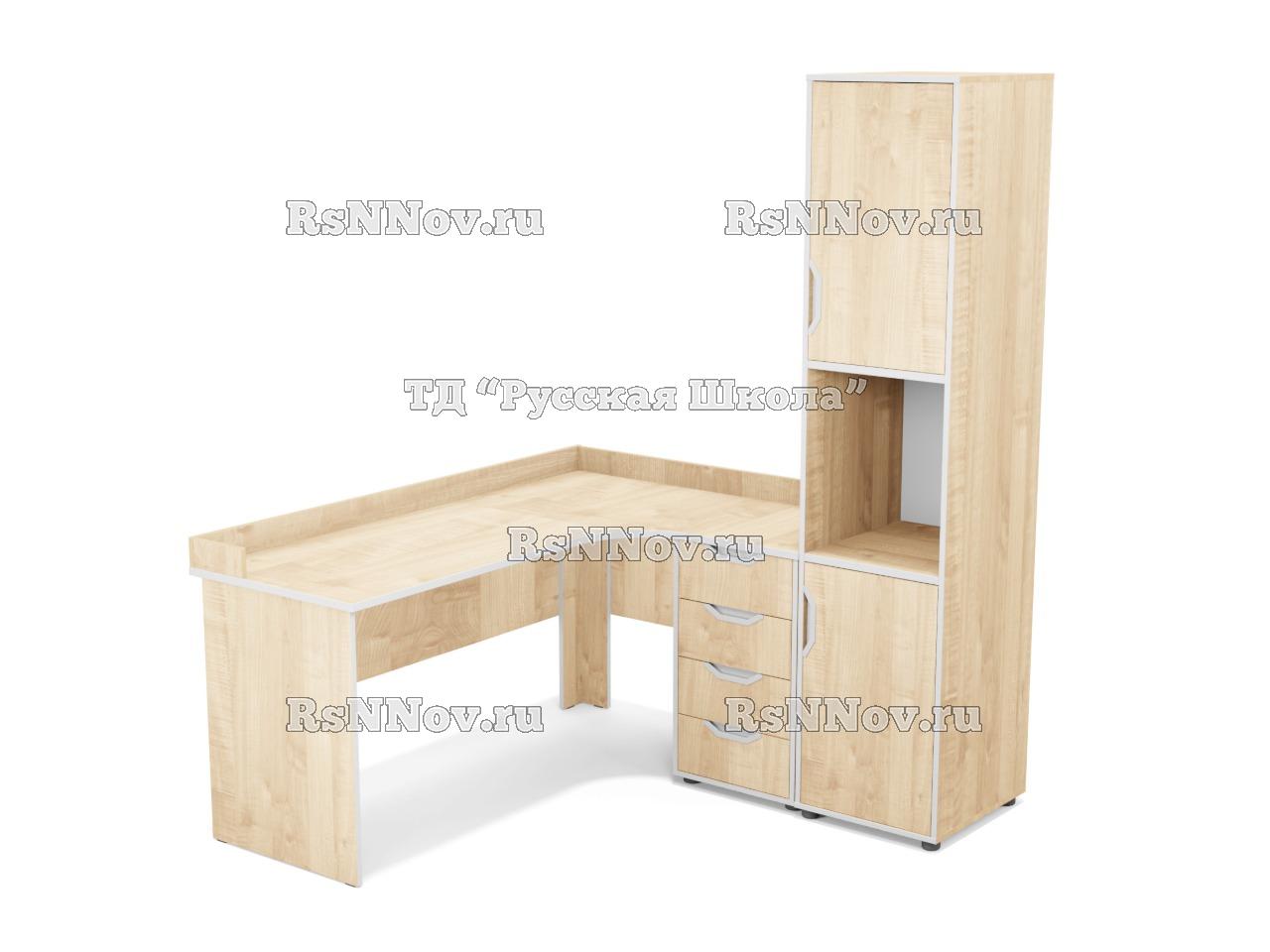 Стол угловой с встроенной тумбой 4 ящика с бортом + Шкаф узкий полуоткрытый с нишей (ст. Клён, кр. Белая)