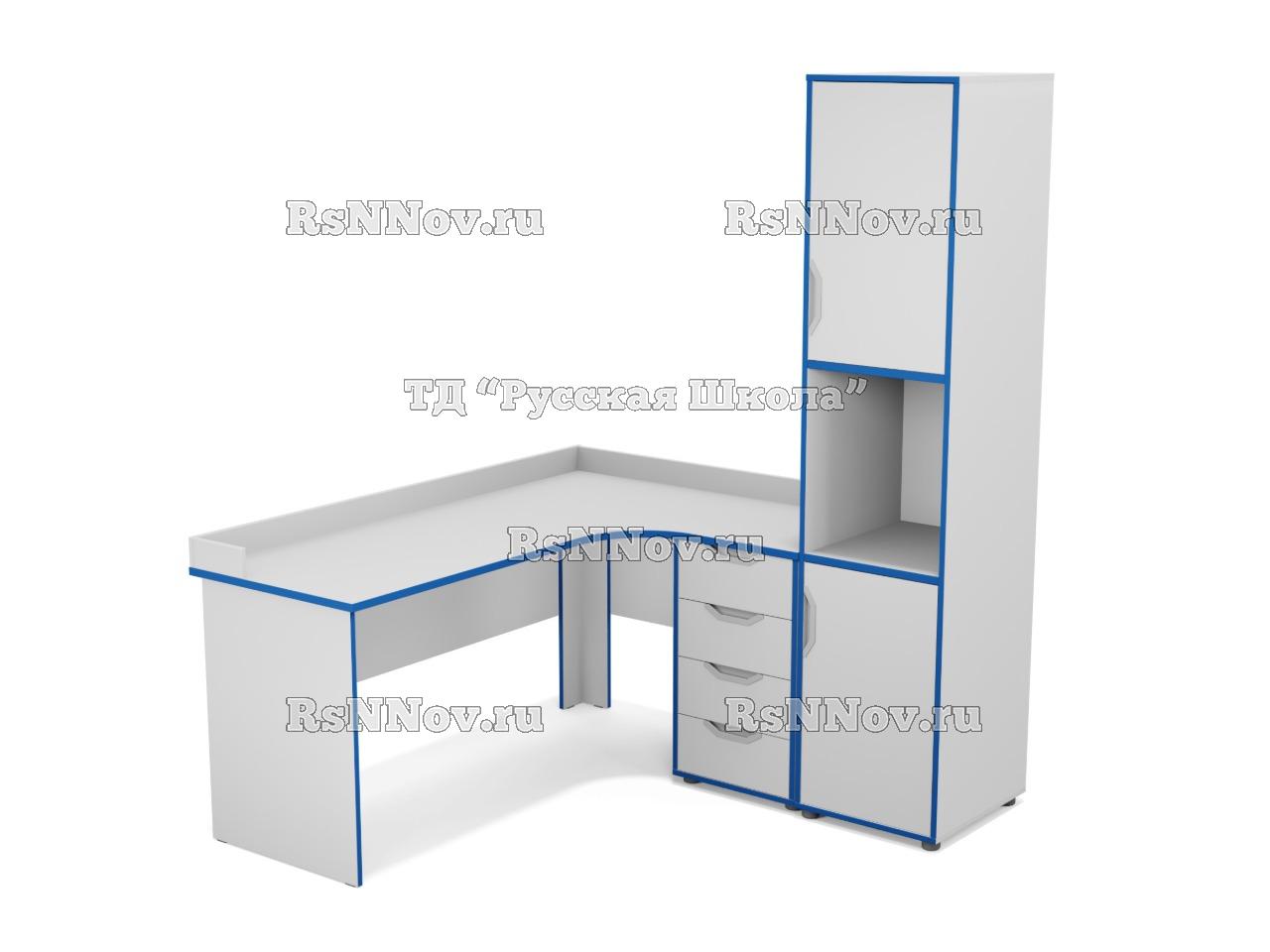 Стол угловой с встроенной тумбой 4 ящика с бортом + Шкаф узкий полуоткрытый с нишей (ст. Серая, кр. Синяя)