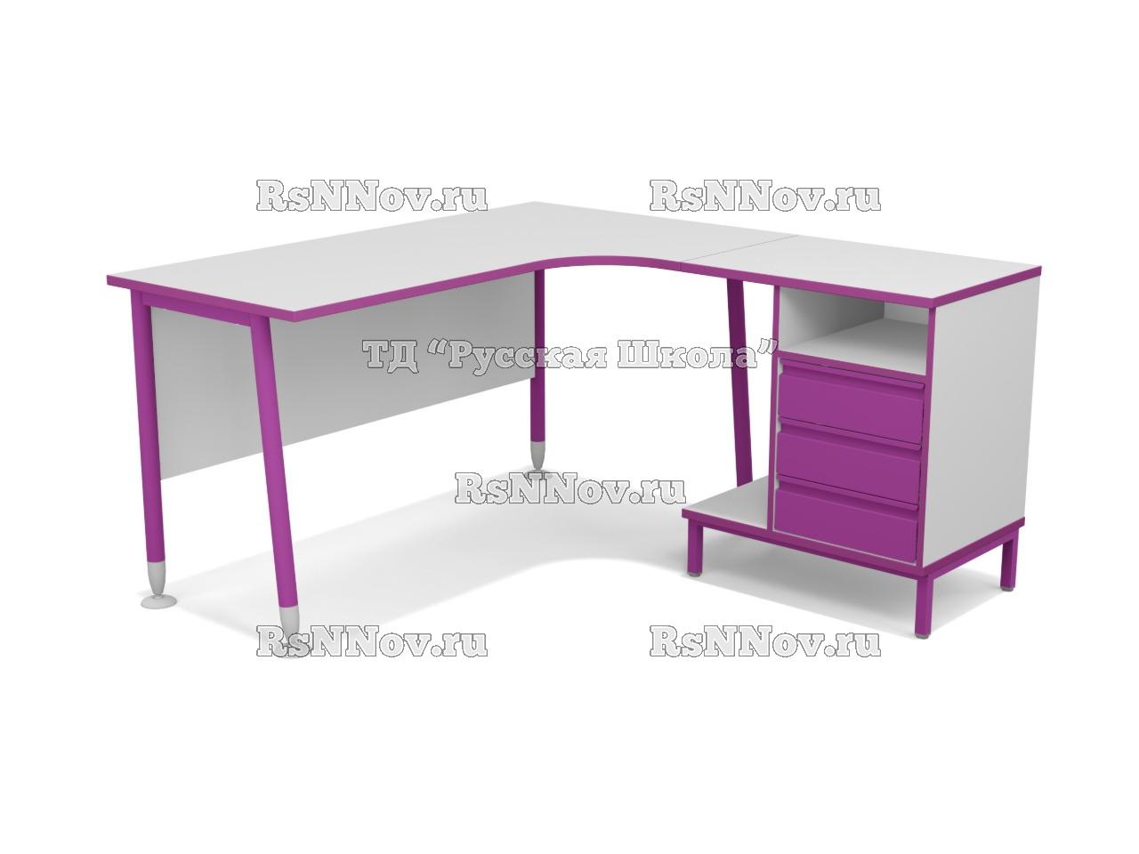 Стол угловой ЛИГА 18 с тумбой и подставкой для системного блока с металлофасадами (ст. Серая, мк. Фиолетовый)