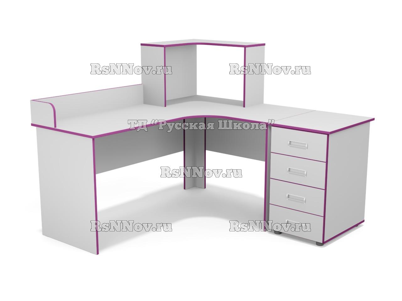 Стол угловой с бортиком и надстройкой, с приставной тумбой 4 ящика (ст. Серая, кр. Фиолетовая)