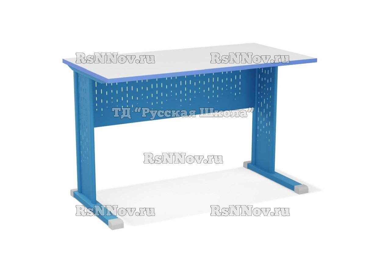 Стол учителя на м/к с перфорированным экраном и вставками, тип перфорации «Дождик» (ст. Серая, мк. Голубой)