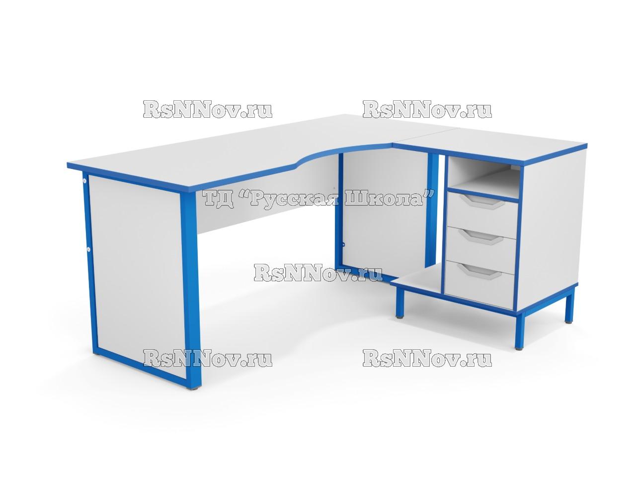 Стол угловой ЛОФТ в комплекте с приставной тумбой с интегрированной подставкой для системного блока, с 2 боковыми экранами из ЛДСП (мк. Голубой, ст. Серая), ручки «Соты»