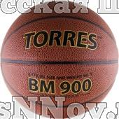 Мяч баск. матчевый  "TORRES BM900" арт.B30037, р.7, синт. кожа (полиуретан), нейлоновый корд, бутиловая камера, для зала и улицы, темнооранжево-черный