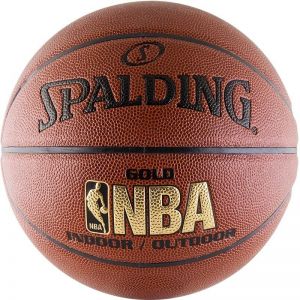 Мяч баскетбольный матчевый "SPALDING NBA Gold Series Indoor/Outdoor", арт.74-559z,  р.7, лого NBA, синтетика-композит (полиуретан), для зала и улицы, клееный, бутиловая камера, нейлоновый корд, темнокоричнево-золотой